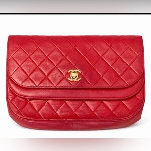Vintage Chanel Red Lambskin Round Flap Bag 24K Gold CC Chain 1986